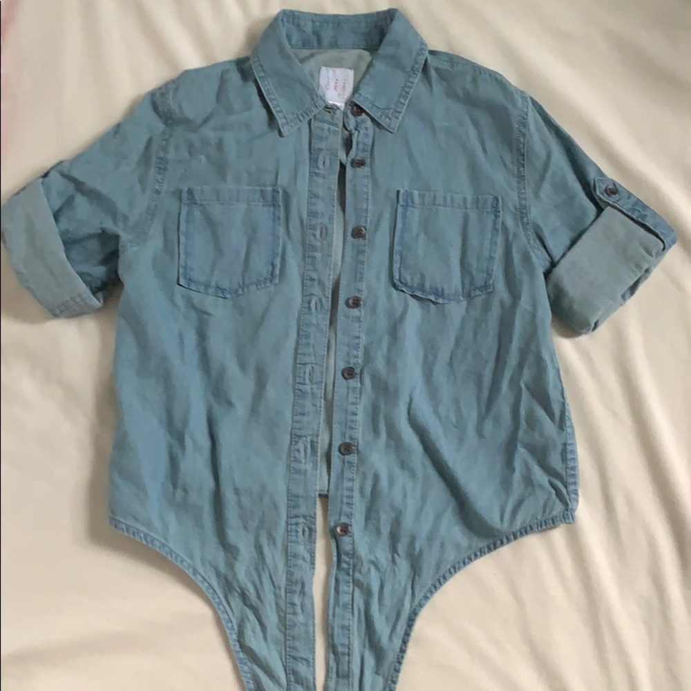 Faux denim button down shirt with tie